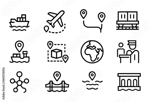 Trade Routes Icons. Outline icon set of international trade routes: shipping lane, air freight path, trade