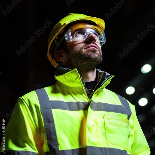 A man in a high-visibility safety jacket and hard hat looks upward in a dimly lit industrial setting.