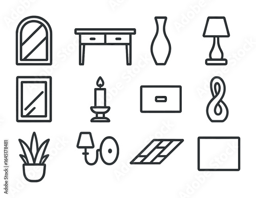 Home Decor Icon Set. Outline icon set of large mirror and console table design: wall mirror, console table,