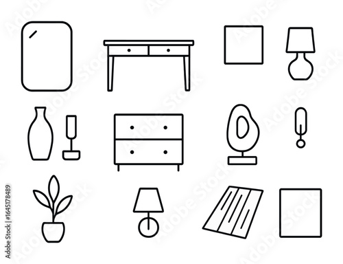Home Decor Icon Set. Outline icon set of large mirror and console table design: wall mirror, console table,
