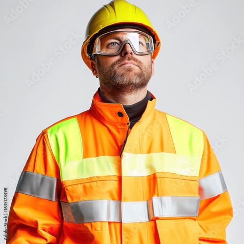 A man wearing a yellow hard hat and safety goggles, dressed in an orange high-visibility jacket with reflective stripes, stands against a plain background. 