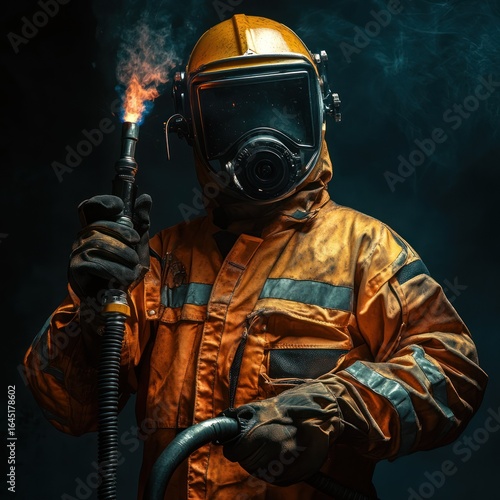 A firefighter in a protective suit and helmet holding a hose, standing against a dark, smoky background. The firefighter is wearing gloves and appears to be in a ready stance,
