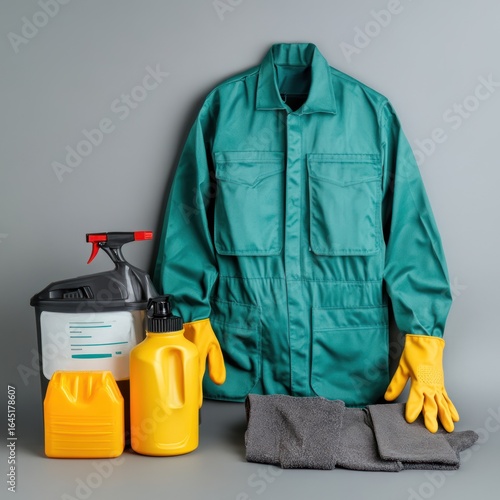 A teal work jacket with yellow gloves and cleaning supplies arranged in the foreground against a neutral background. The items include a spray bottle, a yellow container, and a cloth. T