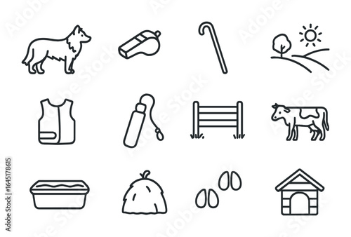 Farm Dogs Icon Set. Outline icon set of working farm dogs: border collie, sheepdog whistle, herding cane, open