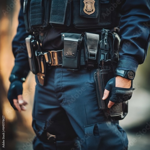 A police officer in uniform, equipped with a tactical vest and duty belt, standing outdoors. The officer is wearing gloves and has a firearm holstered on the belt. 