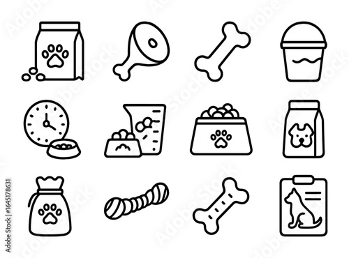 Dog Nutrition Icons. Outline icon set of dog nutrition on farms: dry kibble, meat treat, bone snack, water