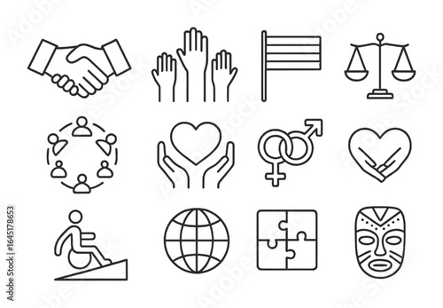 Diversity Icon Set. Outline icon set of diversity and inclusion: handshake, raised hands, rainbow flag,