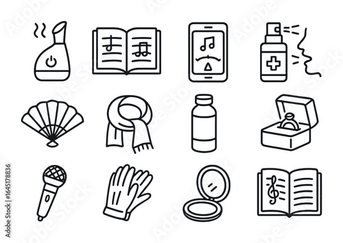 Opera Singers' Icon Set. Outline icon set of opera singers’ accessories: vocal steamer, lyric folder, tuning