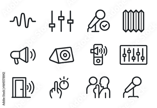 Theater Sound Icon Set. Outline icon set of theater sound and acoustics: sound wave, tuning panel, mic check,