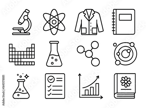 Science Tutoring Icons. Outline icon set of science tutoring sessions: microscope, atom symbol, lab coat,