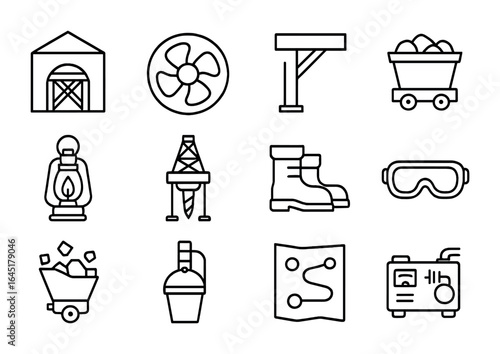 Mining Operation Icons. Outline icon set of underground mining operations: mine shaft, ventilation fan,