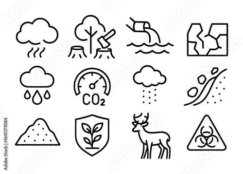 Mining Impact Icons. Outline icon set of environmental impacts of mining: smoke cloud, deforestation icon,