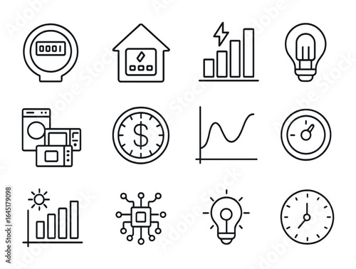 Energy Monitoring Icons. Outline icon set of energy consumption and monitoring: smart meter, home energy panel
