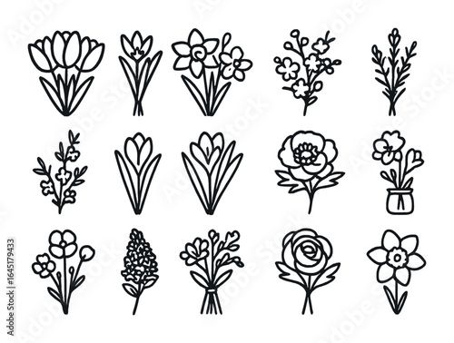 Spring Flower Icons. Outline icon set of spring flower arrangements: tulip bunch, daffodil bouquet, cherry