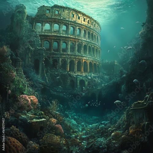 Sunken colosseum overgrown with coral sea monsters circling its ruins