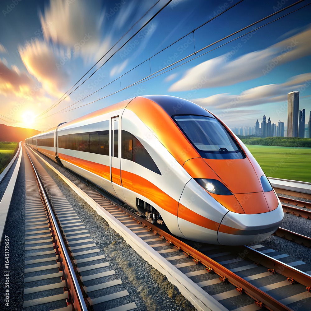 Fototapeta premium modern highspeed train on tracks orange and white