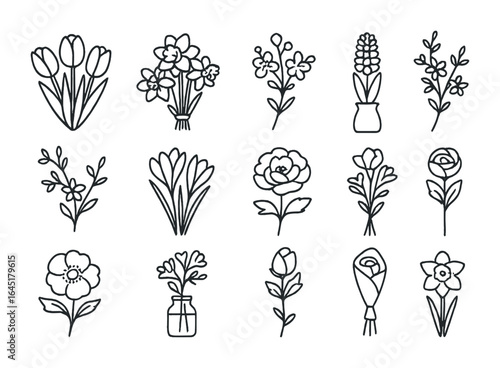 Spring Flower Icons. Outline icon set of spring flower arrangements: tulip bunch, daffodil bouquet, cherry