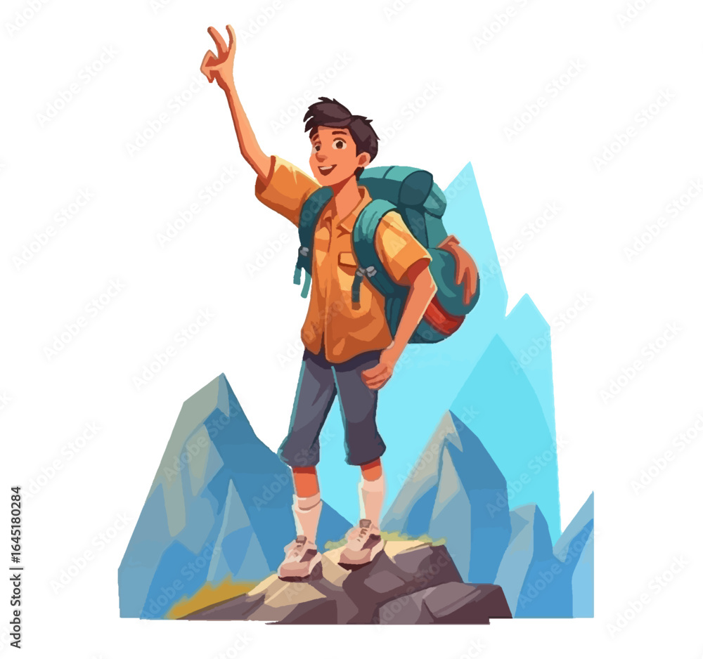 Fototapeta premium Cartoon-style young hiker standing on a mountain summit, smiling and flashing a peace sign, wearing a backpack and outdoor gear. Happy Hiker Reaching Mountain Peak with Peace Sign