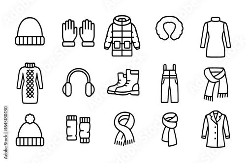Winter Fashion Icons. Outline icon set of winter fashion accessories for photography: beanie, gloves, puffer