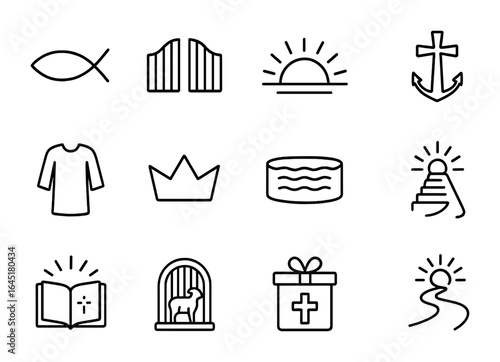 Symbols of Salvation Icons. Outline icon set of symbols of salvation: fish symbol, open gate, rising sun,