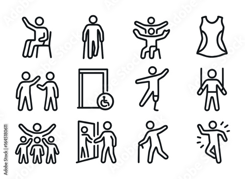 Inclusive Dance Icons. Outline icon set of inclusive dance and movement: seated dancer, crutches user,