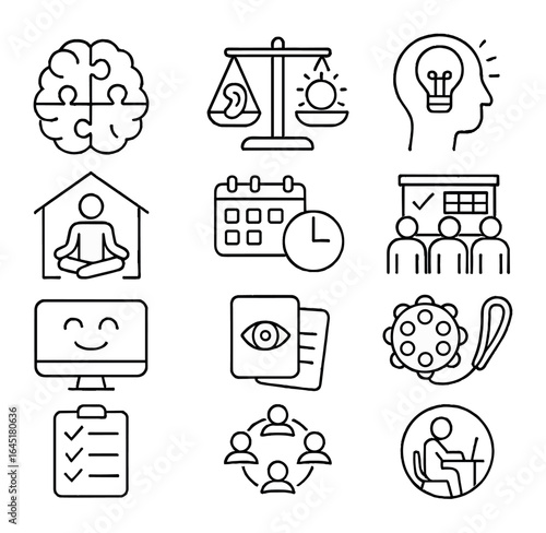 Neurodiversity Icon Set. Outline icon set of neurodiversity in creative spaces: brain puzzle, sensory balance,