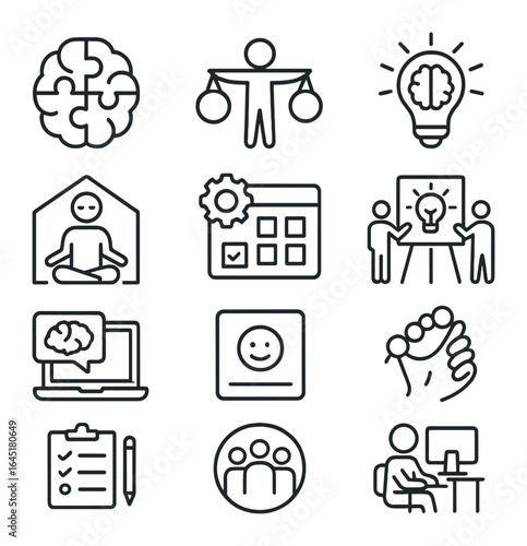 Neurodiversity Icon Set. Outline icon set of neurodiversity in creative spaces: brain puzzle, sensory balance,