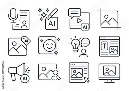 AI Tools Icon Set. Outline icon set of AI-assisted content creation: voice-to-text icon, AI edit magic,