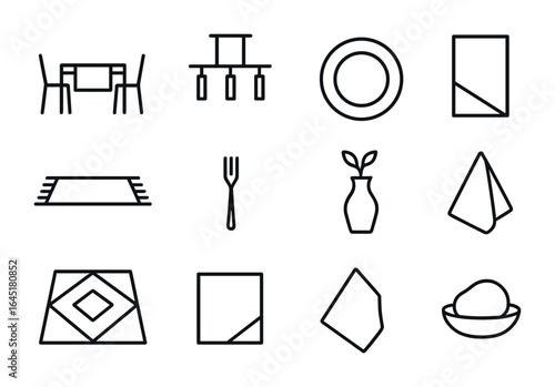 Minimalist Dining Icons. Outline icon set of minimalist formal dining rooms: sleek table, monochrome chairs,