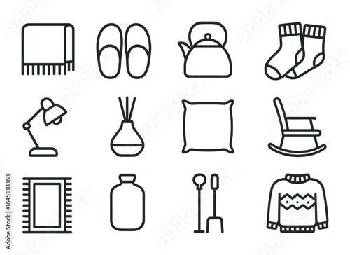 Cozy Home Gift Icons. Outline icon set of cozy home gifts: throw blanket, slippers, tea kettle, cozy socks,