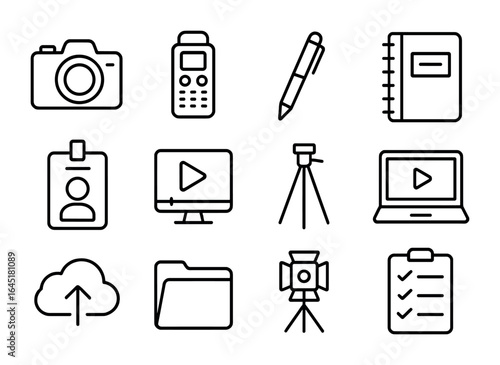 Journalism Tools Icon Set. Outline icon set of journalism tools: camera, recorder, pen, notebook, press badge,