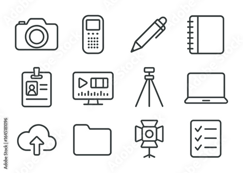 Journalism Tools Icon Set. Outline icon set of journalism tools: camera, recorder, pen, notebook, press badge,