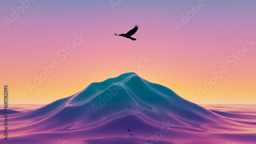 A conceptual illustration of a solitary bird soaring over a surreal, flowing mountain peak against a vibrant purple and orange sunset sky.