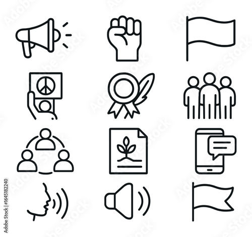 Indigenous Activism Icons. Outline icon set of indigenous activism: megaphone icon, protest fist, banner wave,