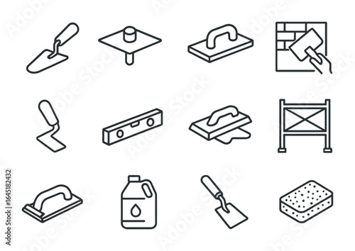 Concrete Tool Icons. Outline icon set of concrete wall finishing: wall trowel, hawk, float, plaster, corner