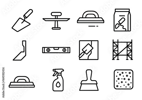 Concrete Tool Icons. Outline icon set of concrete wall finishing: wall trowel, hawk, float, plaster, corner