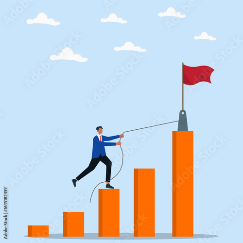 Businessman climbing to bar chart with rope toward a red flag. Concept career growth and achievement in business goals.