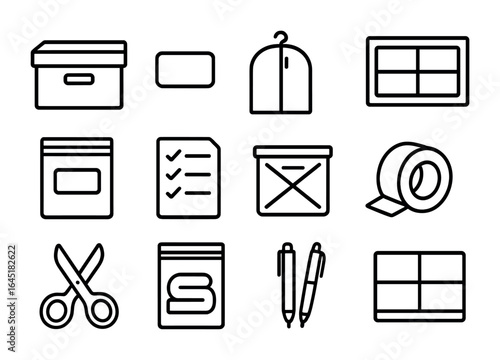 Packing Icon Set. Outline icon set of packing and organizing: storage box, label sticker, wardrobe bag, drawer