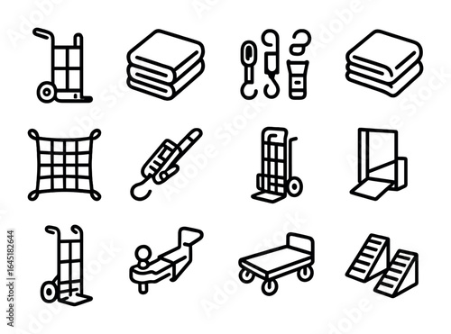 Moving Tools Icons. Outline icon set of rented moving tools: dolly rental, furniture pads, tie-down straps,