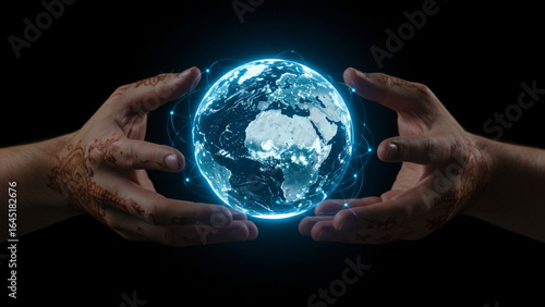 Human hands cupping a luminous digital Earth hologram. A concept for global business, future technology, network communication, and data science.