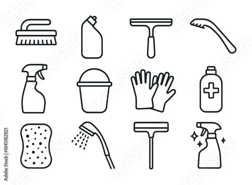 Bathroom Cleaning Icons. Outline icon set of bathroom cleaning tools: scrub brush, tile cleaner, squeegee,