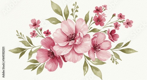 Pink Flower Watercolor Painting with Green Leaves Floral Arrangement