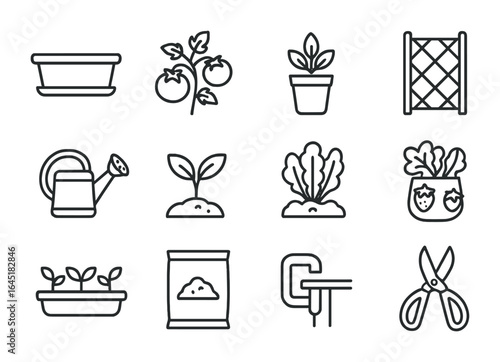 Edible Garden Icons. Outline icon set of edible balcony gardens: planter box, tomato plant, herb pot, trellis,