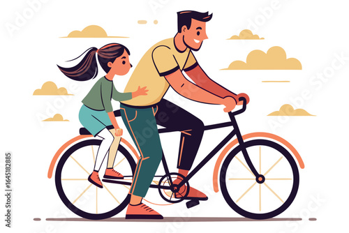 A father riding a bicycle with his daughter isolated on white background