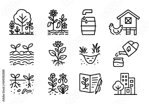 Urban Permaculture Icons. Outline icon set of urban permaculture: food forest, companion planting, rain barrel
