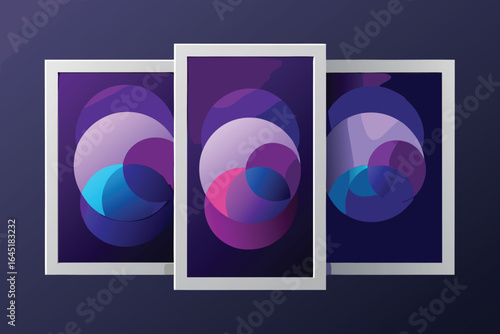 Abstract artwork composed of vibrant overlapping circular shapes within white frames against a dark background