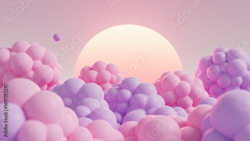 Abstract 3D render of fluffy clouds in shades of pink and purple with a soft orange sun in the background, creating a dreamy and whimsical atmosphere