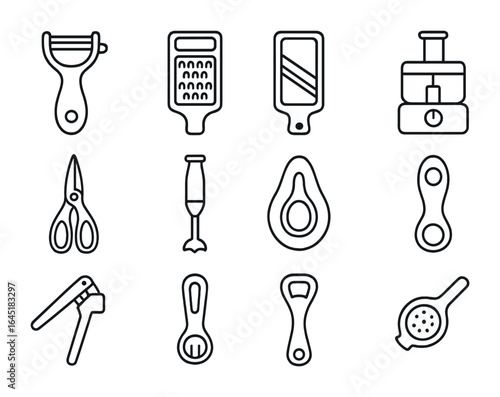 Kitchen Tool Icons. Outline icon set of multi-purpose kitchen tools: combo peeler, grater slicer, mandoline
