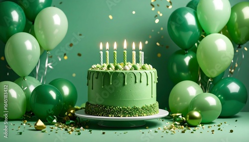 Festive green birthday cake with candles and balloons celebration display