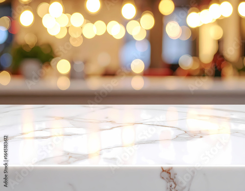 Marble table top product display with blurred restaurant background bokeh